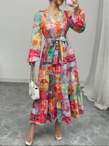 Women's Vacation Style Full Color Vintage Print V-Neck Princess Sleeve Flowy Hem Waist Tie Long Sleeve Dress