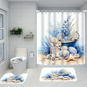 1/4pcs Retro elegant shell starfish pattern shower curtain set, non-slip floor mat, U-shaped carpet, toilet cover, perfect for bathroom decoration, partition, beautify the space, free 12 shower curtain hooks