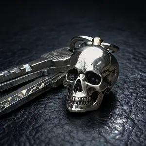 Gothic Skull Alloy Keychain | Durable Metallic Key Ring for Car Keys & Bags, Unique Halloween Gift for Men & Women, Retro Design with Stretchy Scrunchie Lanyard, Retractable Multifunctional Reusable Lighter & Stainless Steel Car Keychain with Heart