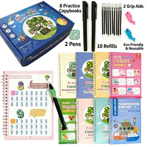 Reusable Magic Groove Practice Copybook Set for Kids Ages 3-9, Preschool Tracing Workbooks (Alphabet, Number, Math, Drawing) with Erasable Magic Pen, Kindergarten Homeschool Learning Tool