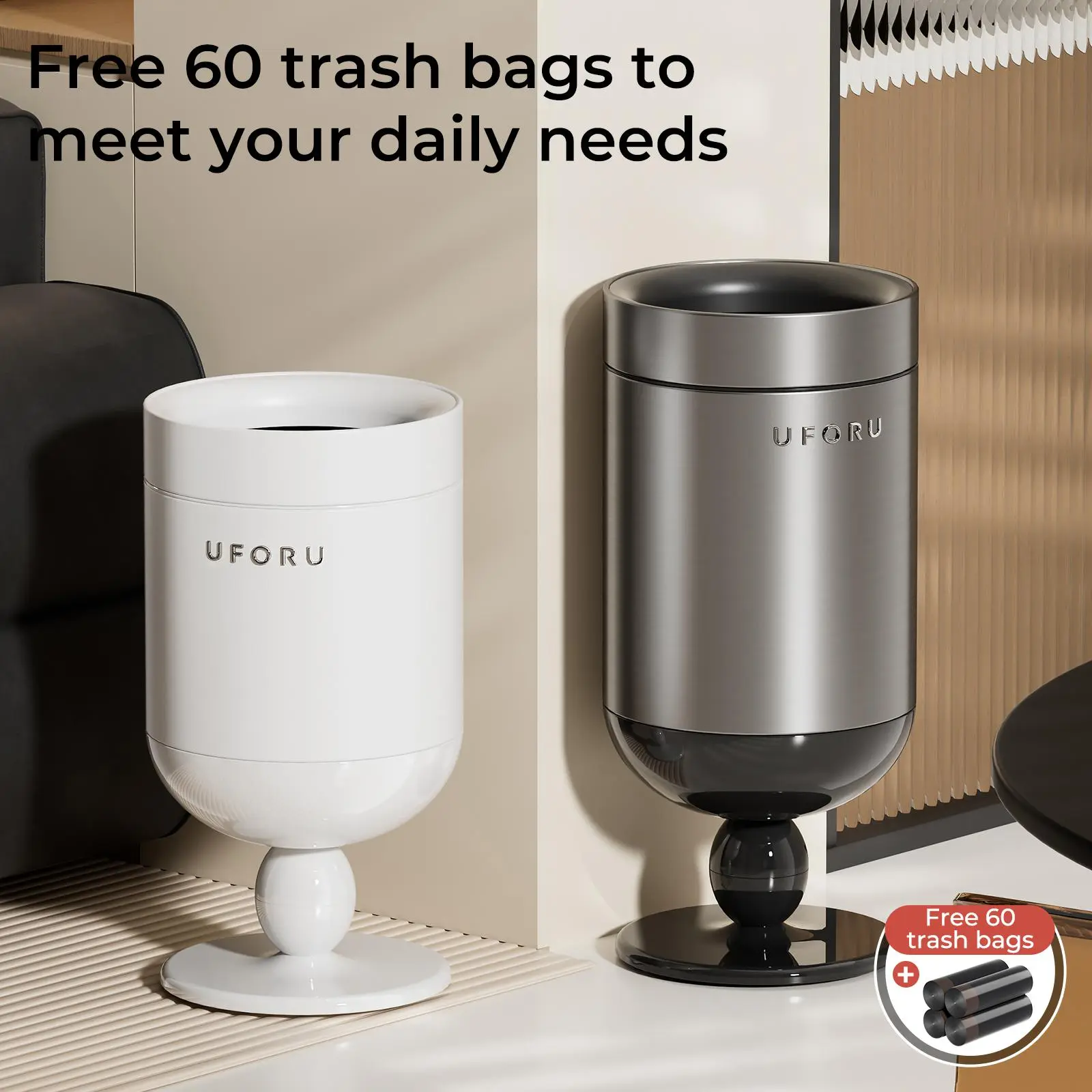 UFORU Light Luxury Wine Glass-Shaped Stainless Steel & ABS/PP Trash Can, Stainless Steel-15L/20L Dual-Bin Retro Bucket, Smooth, Waterproof, 60 Trash Bags Included, Home Decoration for Living Room