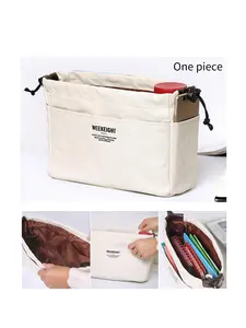 Canvas Storage Organizer with Drawstring, Multi-Pocket Lining Bag, Lightweight Divider, Portable Travel Pouch for Cosmetics, Cables, Earphones