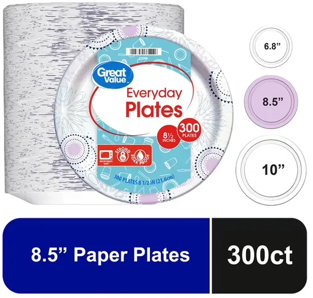 Disposable Paper Plates 8.5 Inch, 300 Count, Strong Soak-Resistant Round Plates for Parties, BBQs, Picnics & Everyday Meals, Microwave Safe