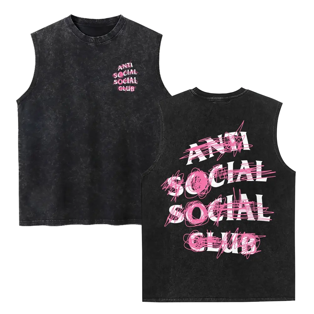 Men's Retro Graffiti Cotton Tank Top - Heavyweight Vintage-Washed Sleeveless Muscle Tee, Anti-Social Graphic, Soft Drape Distressed Loose-Fit Fashion Streetwear Men's Clothing Vintage Clothing, Fabric