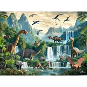 1Pc Dinosaur Scenic Cloth Polyester Party Flag, a vibrant ancient scene with lush greens, waterfalls and flying dinosaurs, perfect for home decor, party supplies