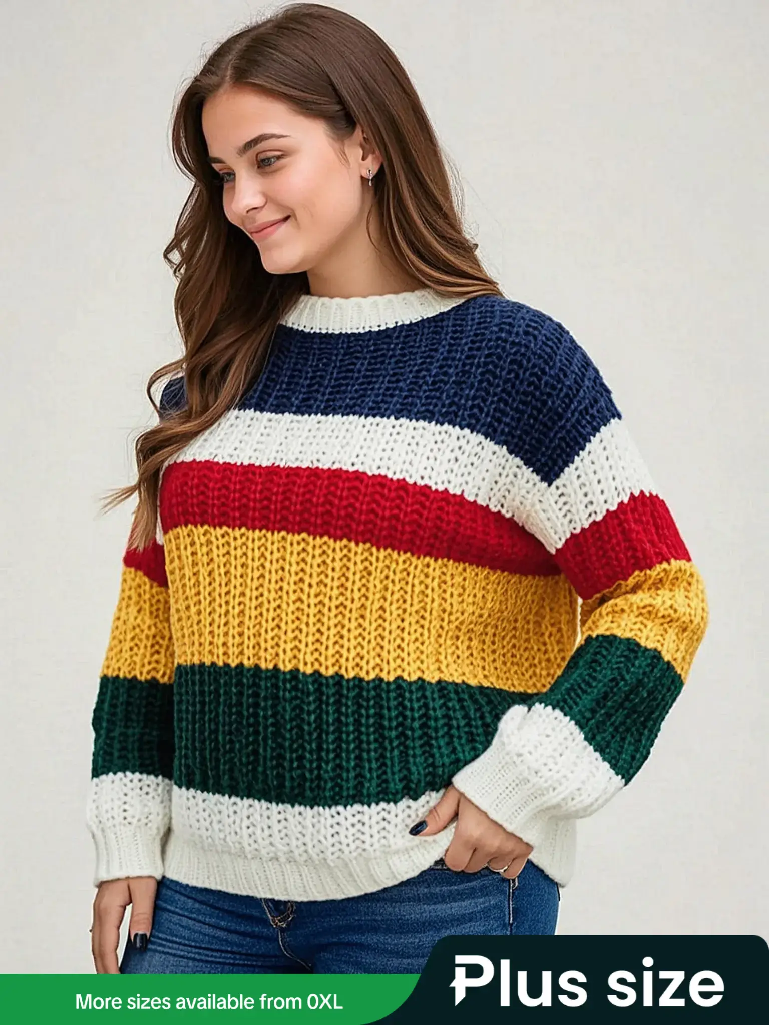 Women's Plus Size Casual Colorblock Striped Sweater, Fall Winter Fashion Knitwear Knitting, Comfortable Long Sleeve Pullover for Ladies