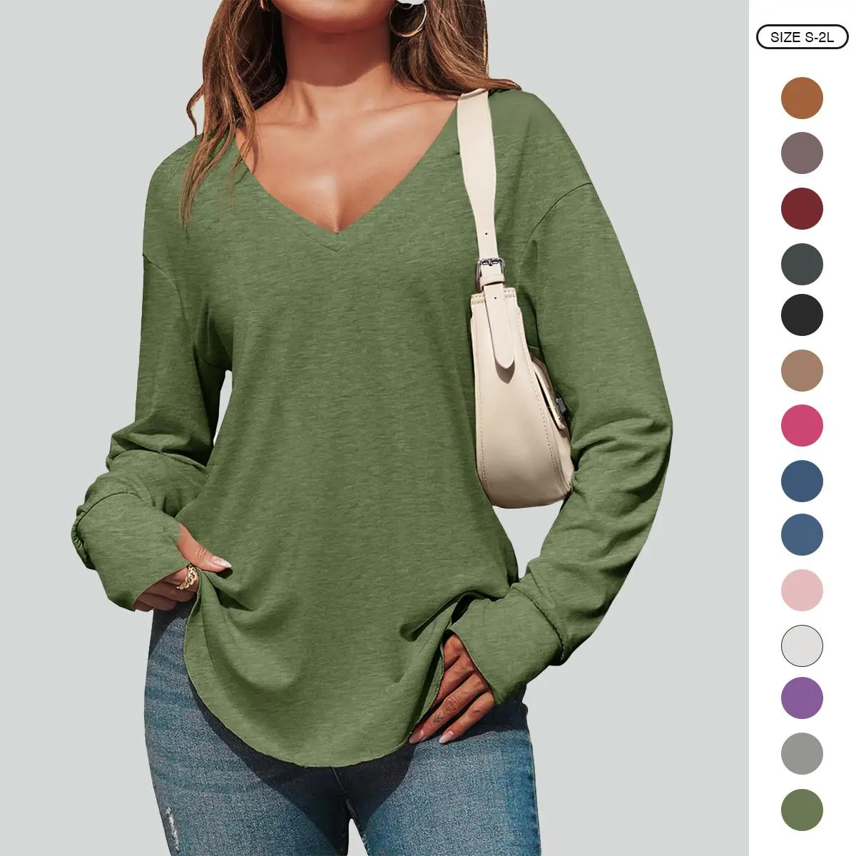 Imily Bela Women's Sexy Deep V-Neck Blouse, Casual Solid Oversized Long Sleeve Tunic with Thumb Holes and High-Low Hem, Tops, Blouses
