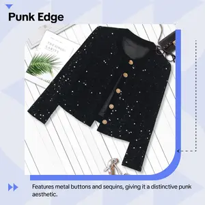 DUSHE 2026 Fall/Winter New Fashion Lady's Fitted Longsleeves Polyester Velvet Coat - Sequin Accents, Round Neck, Metal Buttons, Punk Street Style Casual Medium-Length Top