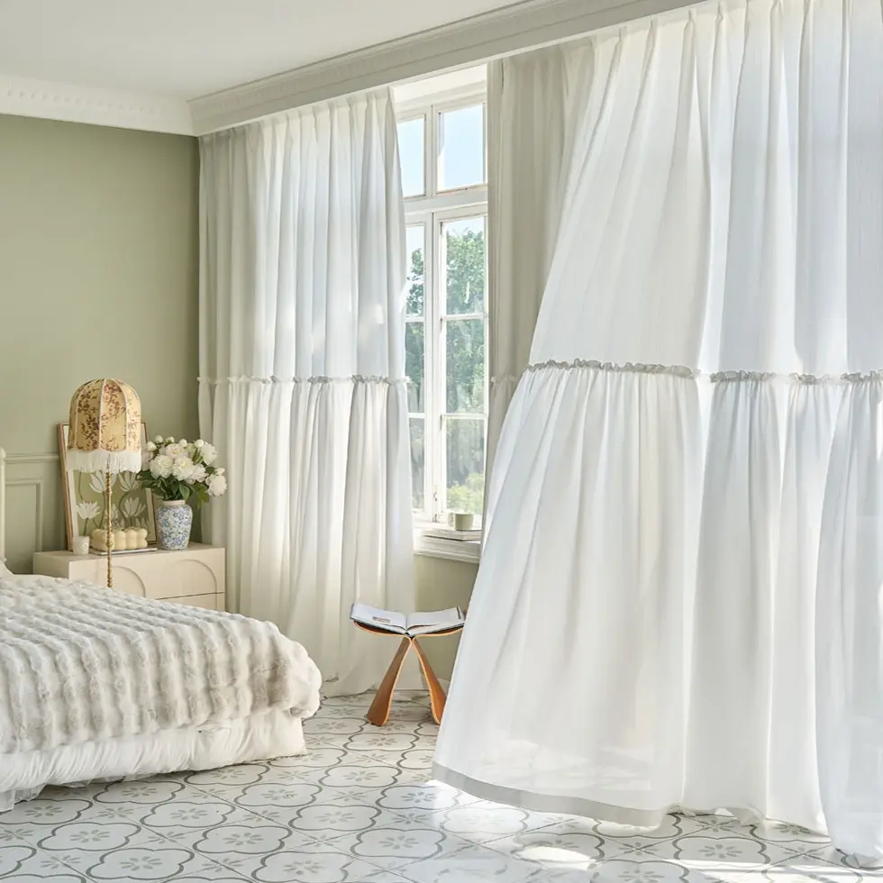 French Style Ruffled Sheer Curtain, Luxurious Light-Filtering Drapes for Living Room Bedroom Balcony Partition, 1 Piece