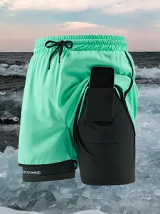 Men's Solid Color Letter Print 2 in 1 Drawstring Waist Sports Shorts, Loose Casual Comfortable Breathable Quick Drying Pocket Shorts for Gym Workout Running, Men's Bottoms for All Seasons, Comfy Stretchy Shorts