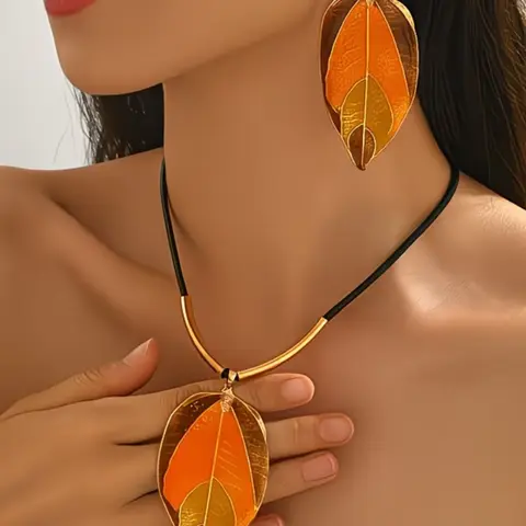 Women's Bohemian Plated Leaf Necklace & Earrings Set, Layered Choker for Daily Wear, Parties, Vacations, Gift, Retro Tube Pendant, Fashionable Boho Jewelry Set, Necklace and Earring Set