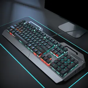 EWEADN TK900 Wired Lighted Mechanical Keyboard Gaming, USB All-Metal Panel Glowing Computer Keyboard with Multimedia knob and Mobile phone holder, for Game and Office, for Windows Laptop PC, Bule Switches(Black)