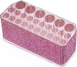 26-Hole Acrylic Rhinestone Makeup Brush Holder Organizer, Diamond Decor Cosmetic Storage Stand for Vanity Countertop, Clear (pink) Multi Compartment