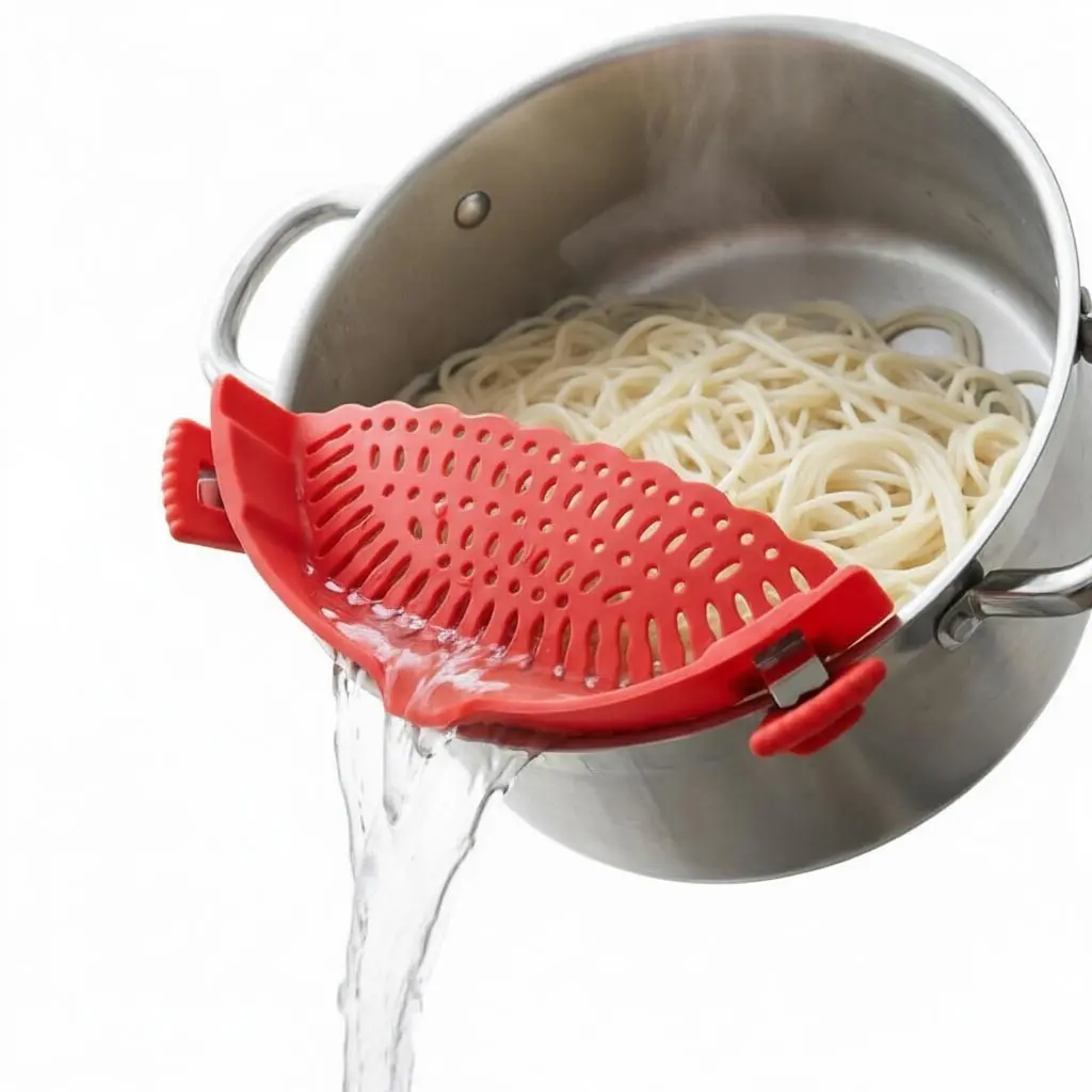 Kitchen Food Filter for Pasta, Meat, Ground Beef Fat, Silicone Strainer, Clip-On Bowl, Pot, Pan, Creative Spill-Proof Drain Board