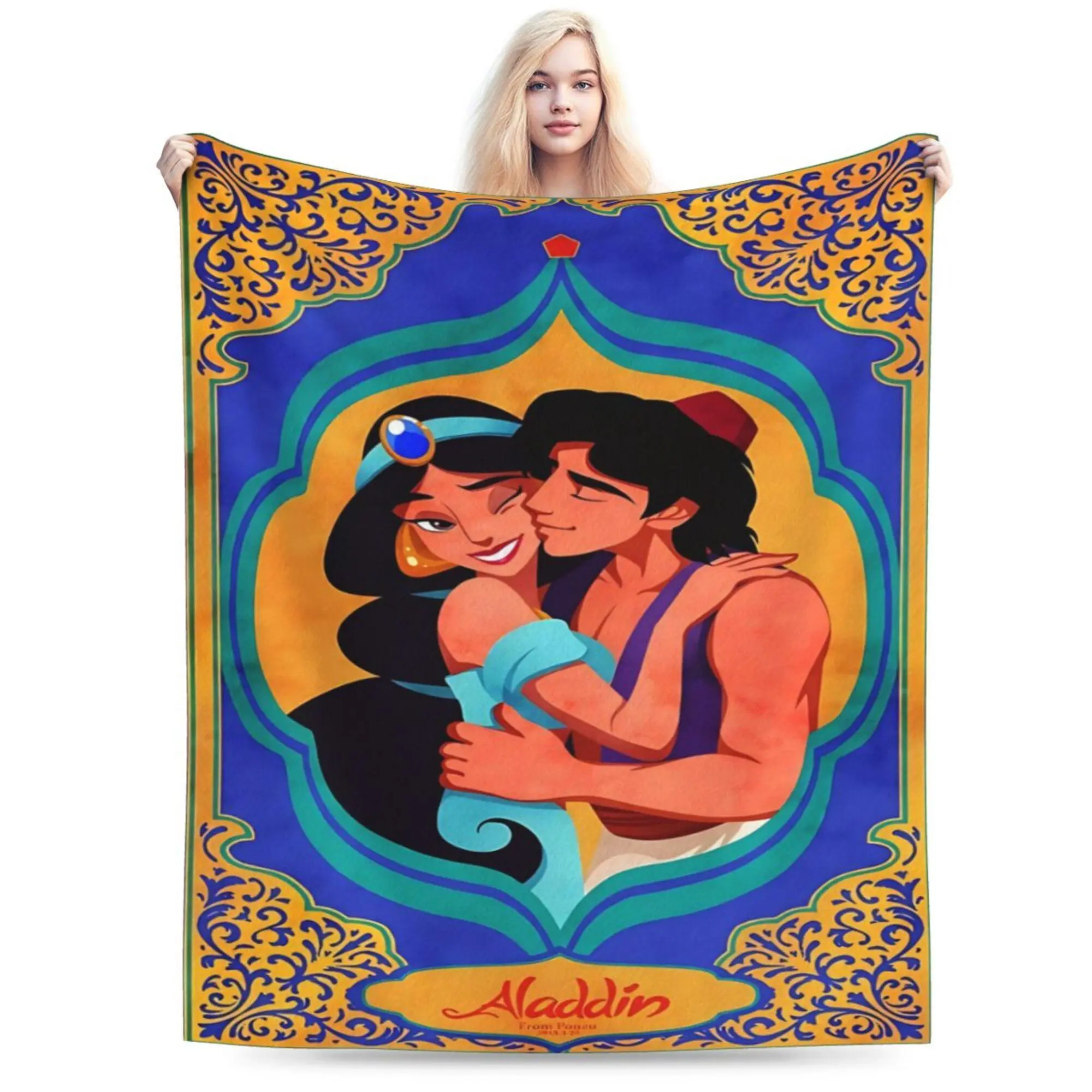 [SummerVibes] DISNEY CLASSIC Aladdin and Jasmine Throw Blanket – Romantic Couple Embrace, Ornate Middle Eastern Frame Design, Soft Fleece Blanket for Kids or Bedroom Decor