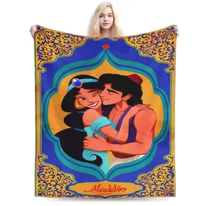 DISNEY CLASSIC Aladdin and Jasmine Throw Blanket – Romantic Couple Embrace, Ornate Middle Eastern Frame Design, Soft Fleece Blanket for Kids or Bedroom Decor