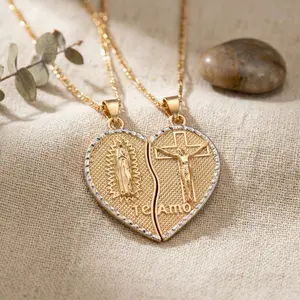 Virgin Mary Heart Necklace Gold Plated Chain Combination Prayer Pendant for Women & Men TE AMO Inscribed Couple Necklace Religious Symbolism Elegant Dual Heart Design Colorfast