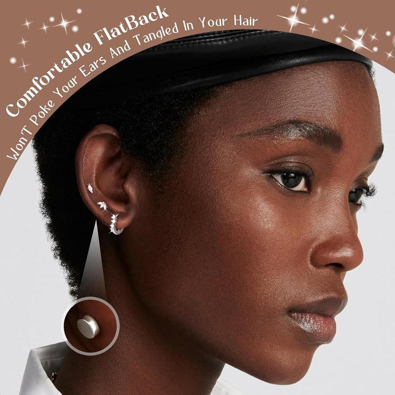 ZELORES 3 Pairs Sterling Silver Flat Back Earrings for Women Trendy Small Hoop Huggie Earrings CZ Cartilage Stud Earrings Set White Gold Plated Tragus Helix Earrings Piercing Jewelrys