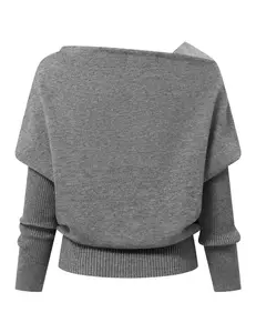 Aelfric Eden Off-Shoulder Draped Knit Sweater Asymmetric Off-Shoulder Cut Layered Ribbed Sleeve Design Metal Brand Logo Pin Ribbed Waist Hem Soft Knit Fabric Minimalist Streetwear Women's Top