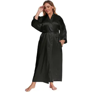Women's Plus Size Long Satin Robes Plus Size Long Silk Robes Kimonos Sleepwear Dressing GownGift