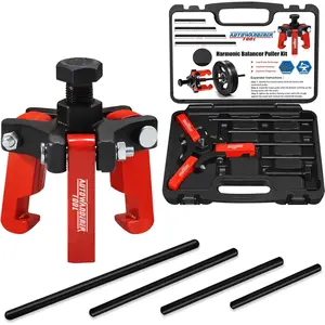 Adjustable 3-Jaw Harmonic Balancer Puller Kit, Forcing Screw Fits 3/8" Square Drive with 4 Forcing Rods for Removing Harmonic Dampers & Balancers
