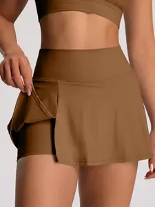 Women's Solid Color High Waist Sports Skort, Sporty Overlap Waist Mini Skirt with Panty, Ladies Sportswear for Tennis Golf Workout, Lightweight Athletic Skirts