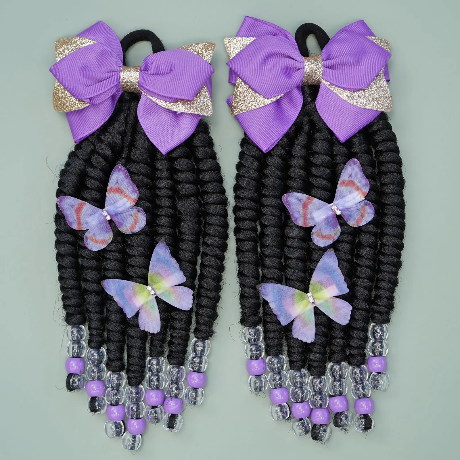 8-Inch Glueless Pre-Braided Curly Faux Locs Ponytail, Synthetic Hair Piece with Bow, Beads & Springy Twist, Hair Accessory Gift for Girls Including 4pcs Butterfly Clips & Random Free Gift