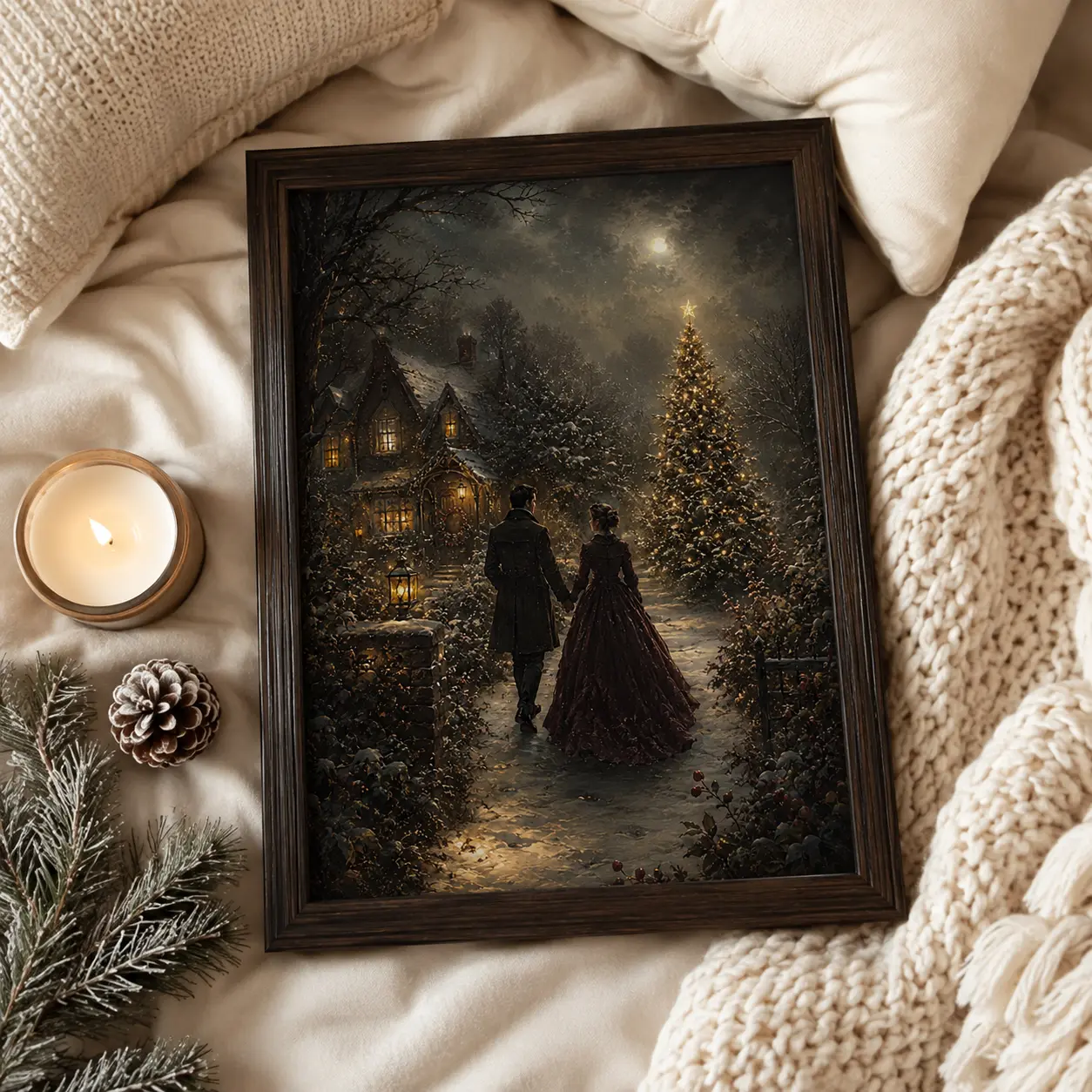 Victorian Christmas Wall Art, Romantic Couple Walking in Snow, Vintage Christmas Wall Decor, Moody Old World Christmas Tree Painting, Snowy Cottage Physical Poster or Matte Canvas for Living Room, Bedroom and Entryway