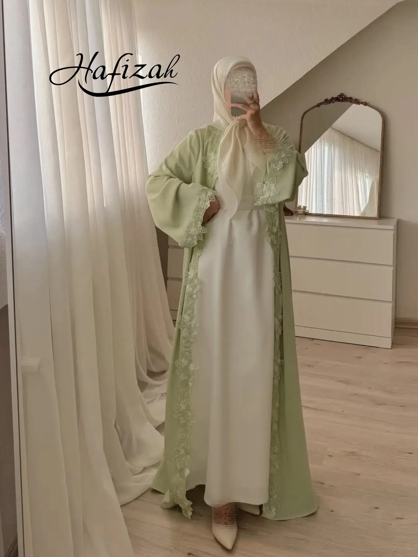 Hafizah Light Rose Lace Embroidered Long Cardigan, Loose fit cardigan, Elegant Flowy Outerwear for Dates and Commute, Women's High-End Fashion