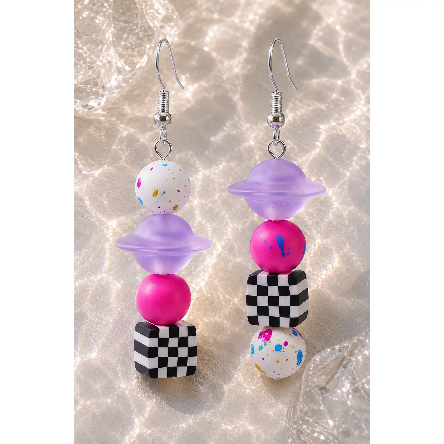 Jenstones Women's Zenon Space Costume Drop Earrings - Whimsical Stack with Crisp Black-and-White Checkers, Beads, Texture Mix, Bold Enough to Get Noticed Cosmic Fashion Accessory, Female, Frosty Lavender, Iridescent Cloud Background, Light Enough To Wear,