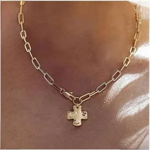 Chunky Cross Necklace for Women Gold Plated, Layered Statement Cross Pendant with Paperclip Chain, Vintage Non Tarnish Jewelry Gift Set Textured