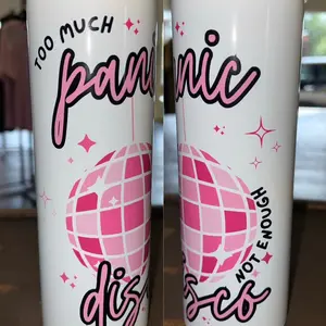 Too much Panic Not Enough Disco 20 ounce Stainless Steel Tumbler with sliding lid and straw