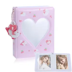 Kpop Photocard Binder 3 Inch Kpop Photocard Holder Book Cute Mini Photo Album Portable Kpop Binder Photo Card Album with Lovely Pendant for Photo Card Collection 40 Pockets Heart Hollow Design Waterproof & Silica Gel Material