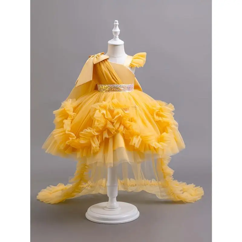 Girls' Pink Princess Tutu Dress with Ruffled Sleeves, Polyester Blend Formal Party Gown for 1-2y,4-5y,7-8y Birthdays & Weddings, Kids' Party Dresses