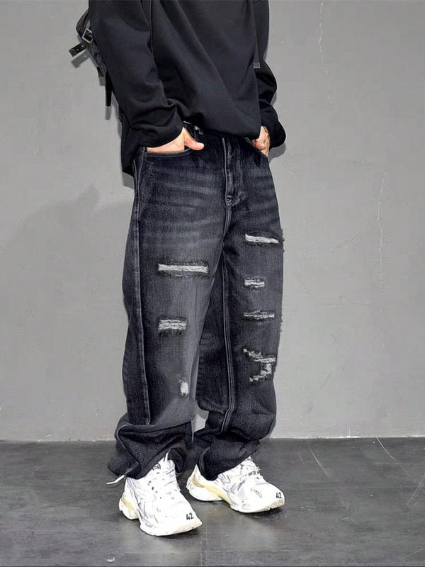 Men's High Street Style Ripped Wide Leg Jeans, Trendy Loose Fit Straight Pants, Casual Fashion for All Seasons