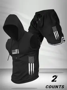 Men's Summer Sports Set, Casual Gym Wear, Casual Sleeveless Hoodie Vest + Drawstring Waist Shorts, Flag Pattern, Outdoor Activities