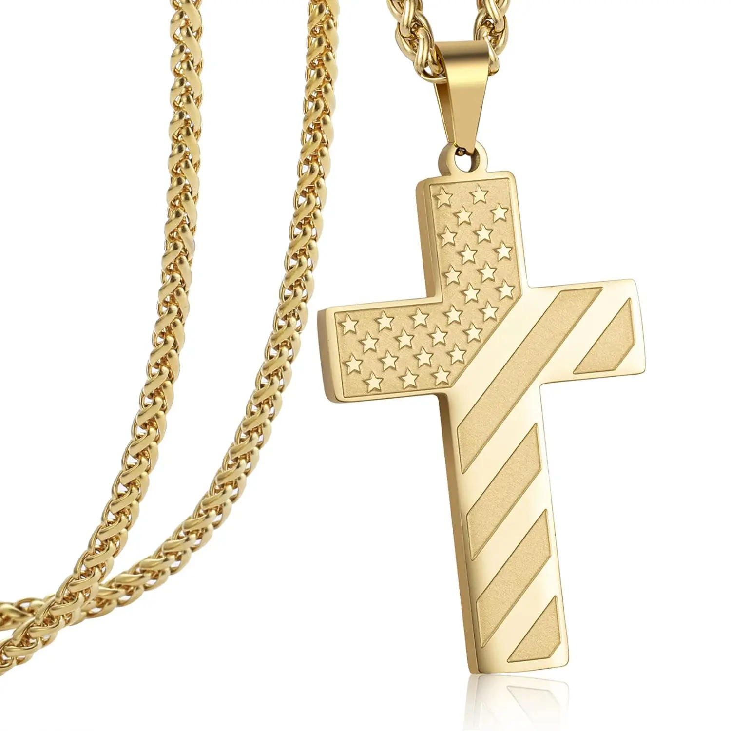 Gold 30mm Stainless Steel Cross Necklace for Men with American Flag Pendant, Engraved Bible Verse Back for Independence Day, Communion & Easter Gift, Engraved Back