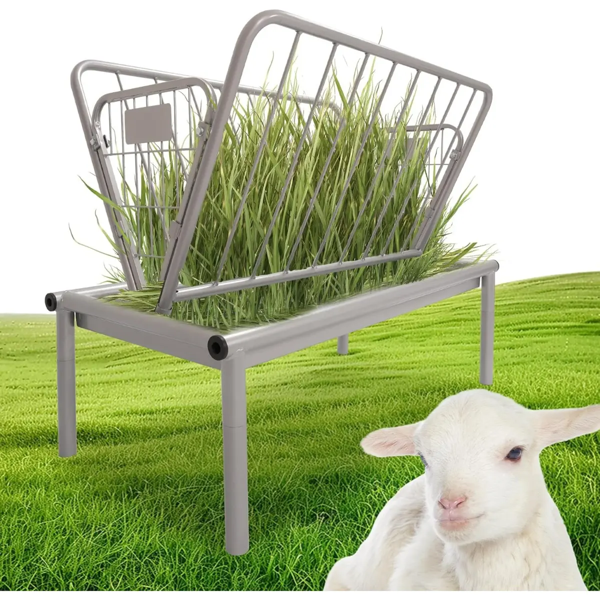4 Ft Long Livestock Feeder, Heavy Duty Steel Livestock 2 in 1 Grain & Hay Feeder, Outdoor Pasture Feeder with Feeding Pan for Goats, Sheep and Ponies, Silvery-TK