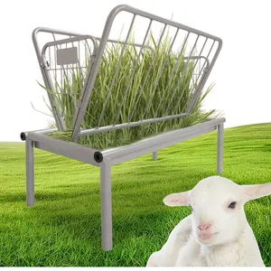 4 Ft Long Livestock Feeder, Heavy Duty Steel Livestock 2 in 1 Grain & Hay Feeder, Outdoor Pasture Feeder with Feeding Pan for Goats, Sheep and Ponies, Silvery