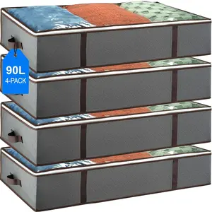 4-Pack - Foldable Under Bed Storage Organizer for Clothes, Bedroom Blankets, Comforter, Pillows, Linen Sheets, Towels, Sweaters, Shoe Drawers (Grey)