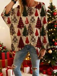 Women's Halloween Pumpkin Print Long Sleeve Knit Top, Casual Elegant Flowy Vacation Style, Loose Fit Batwing Shoulder, Spring Summer Fall Wear