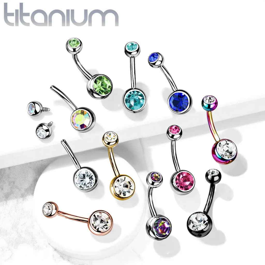 Solid G23 Titanium Belly Ring | Internally Threaded | Double Jeweled Solid G23 Titanium Belly Ring | Internally Threaded | Double Jeweled