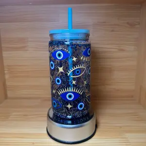 Blue Eye Glitter Tumbler with Straw and Base - Unique Design for Drinks