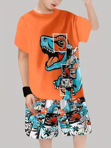 Boys' Dinosaur Comic Style Summer Set Outfit, Casual Fitted Short Sleeve Shorts, All over Print, Outdoor Wear, All Seasons
