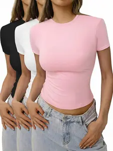 Women's 3pcs Plain Round Neck Loungewear Tee, Casual Basic Short Sleeve T-shirt for Daily Everyday Wear, Ladies Sleepwear, Womenswear, Summer Outfits, Top