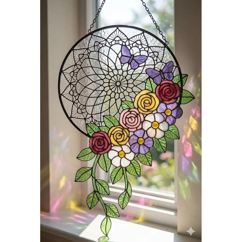 Floral Stained Glass Suncatcher – Butterfly & Wildflower Window Hanging, Iridescent Nature Light Catcher Decor