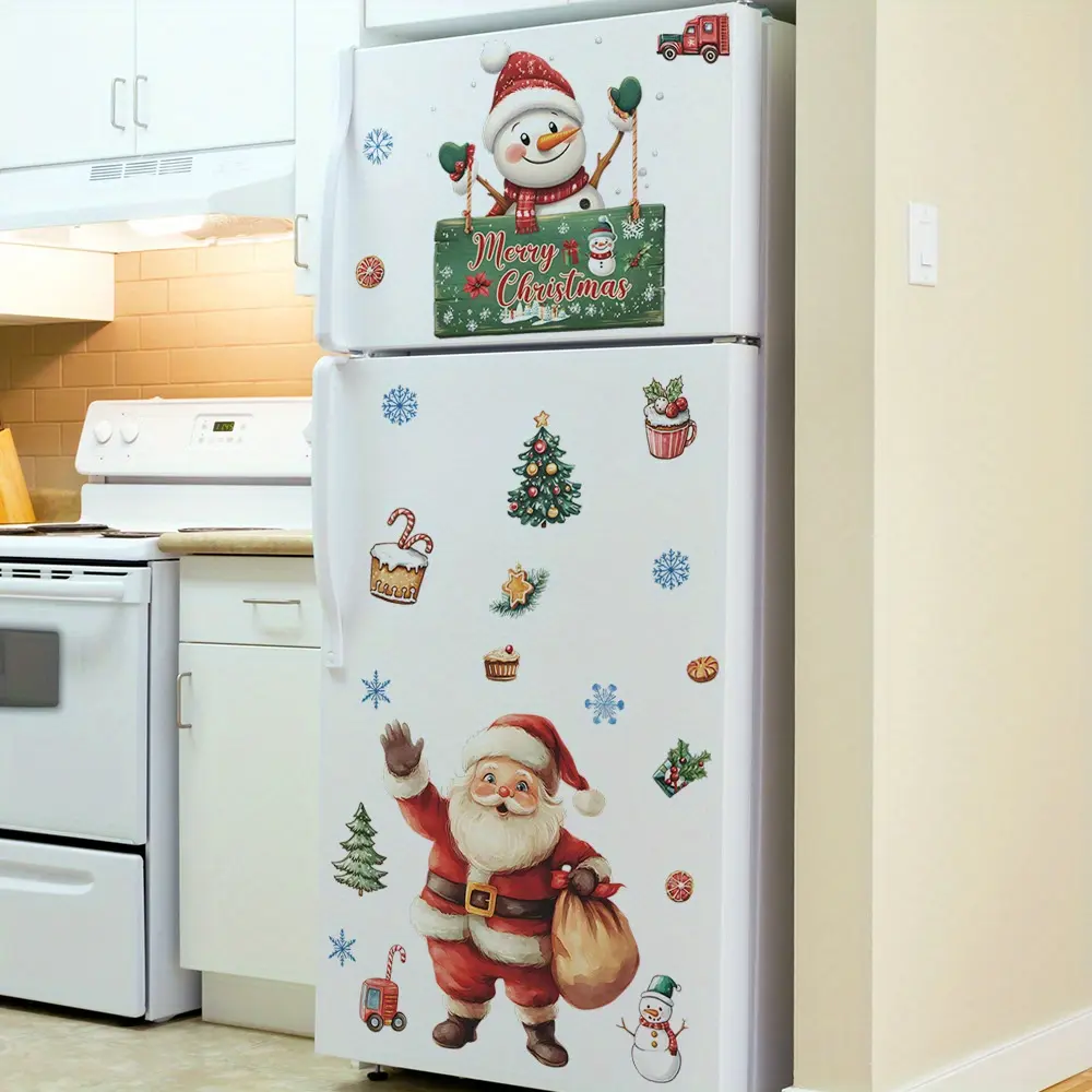 1 Santa Claus and Snowman Christmas Wall Stickers - PVC holiday decoration with "Merry Christmas" logo, snowflakes and holiday elements, suitable for refrigerators, cabinets or home decoration, Christmas decorations Wall Decals Peel and Stick