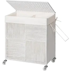 Double Laundry Hamper with Lid, Handwoven Rolling Laundry Basket with Wheels, 115L Dirty Clothes Hamper with Removable Liner Bag Large Capacity Laundry Sorter Laundry Room Organization,White