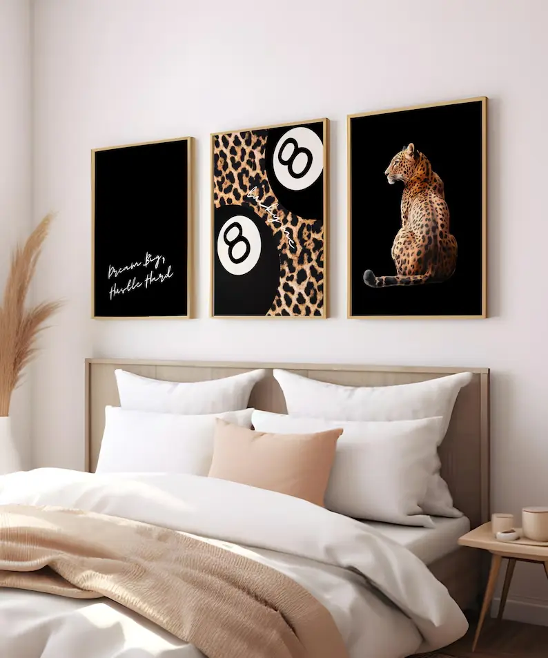 Black Leopard Wall Art Prints Set of 3 Leopard Cheetah Print 8 Ball Lucky Trendy Animal Print Poster Trendy Y2K Home Decor Digital Download