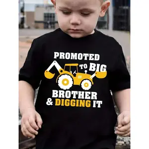 Boy "Promoted to Big Brother and Dig It" Excavator Pattern T-shirt-Comfortable Cotton, Casual round Neck Short Sleeves Top, Suitable for Summer, Playful Pattern T-shirt |   Funny Lettering Shirt |   Machine Washable Top, Boy T-shirt